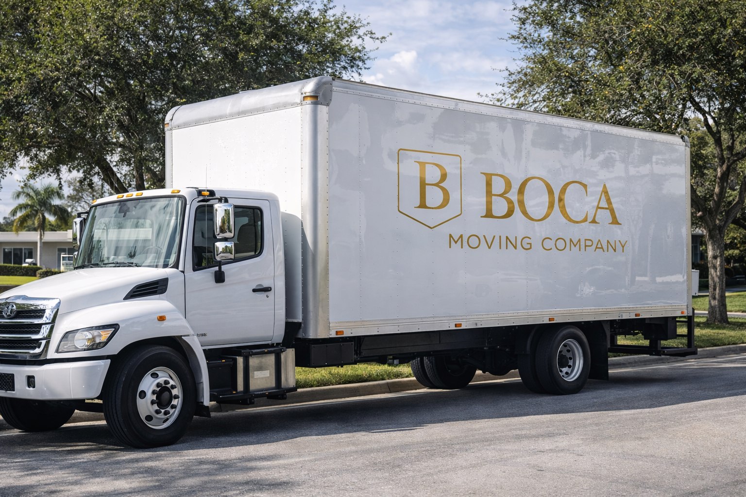 Boca Moving Company branded truck arriving at a South Florida home