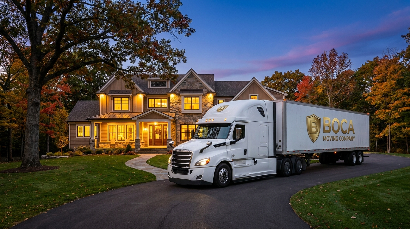 Boca Moving Company tractor-trailer arriving at a customer's new home in the northeastern United States at dusk