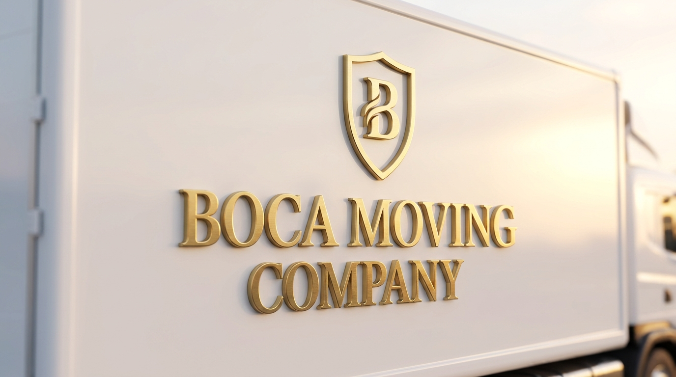 Close-up detail of the Boca Moving Company gold logo on the side of a white tractor-trailer