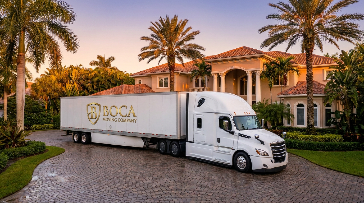 Boca Moving Company tractor-trailer parked at a Florida luxury home at sunrise, ready for a long-distance move